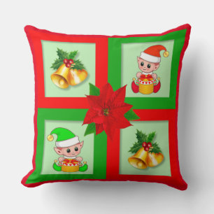 Weihnachtsglocken, Poinsettie, Elf auf Grün und Ro Kissen