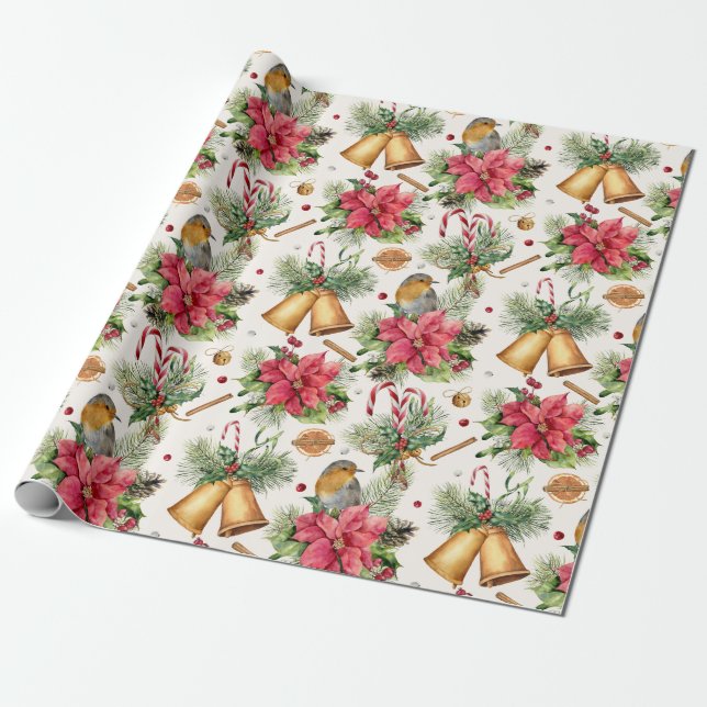 Weihnachtsglocken, Poinsettien, Rotkehlchen, Zucke Geschenkpapier (Ungerollt)