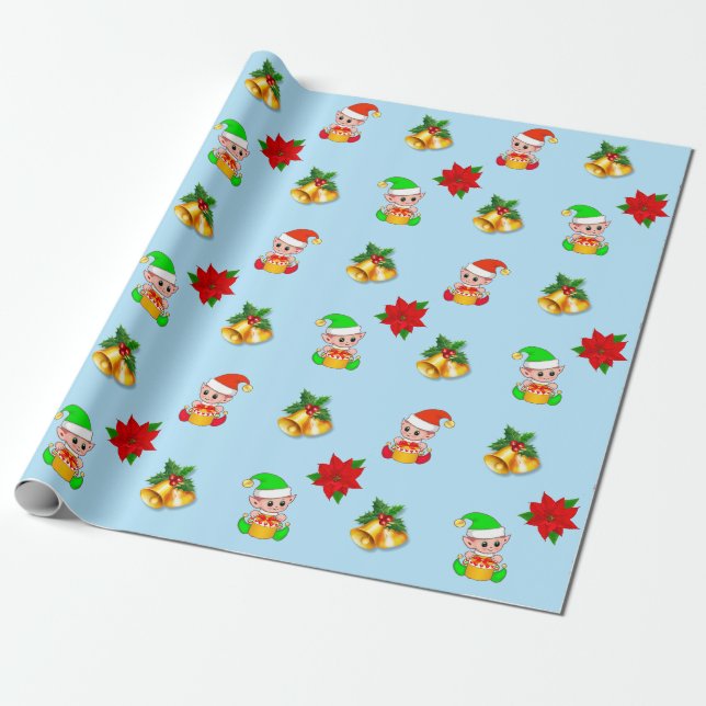 Weihnachtsglocken, Poinsettien und niedliche elfis Geschenkpapier (Ungerollt)