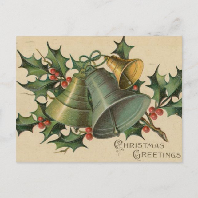 Weihnachtsglocken und Holly Feiertagspostkarte (Vorderseite)