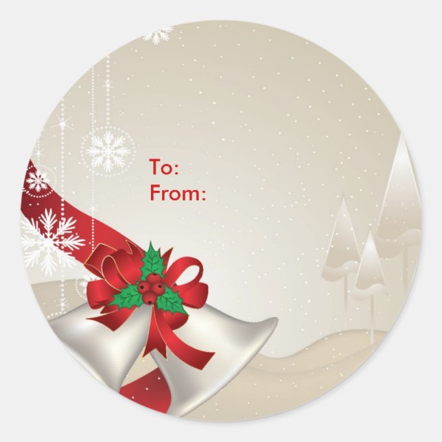 Weihnachtsglocken und Ribbons auf Beige - Geschenk Runder Aufkleber (Vorderseite)