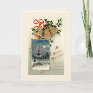 Weihnachtsglocken und Rustikale Kirche im Schnee Feiertagskarte