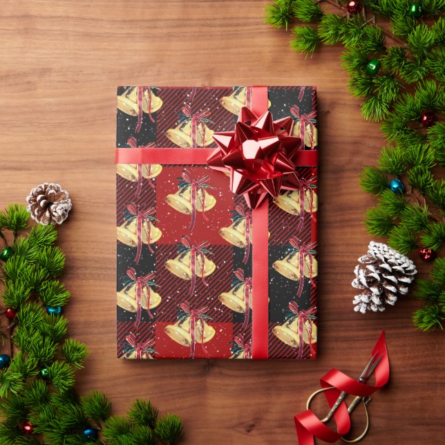 Weihnachtsglocken und Schneeflocken auf Kariert Geschenkpapier (Feiertagsgeschenk)