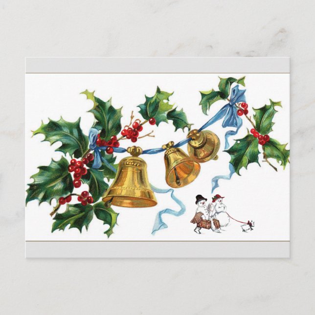 Weihnachtsglocken und Schneemann Feiertagspostkarte (Vorderseite)
