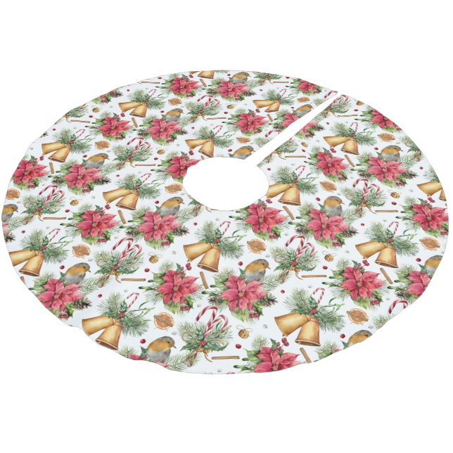 Weihnachtsglocken, Vögel & Poinsettias Polyester Weihnachtsbaumdecke (Schrägansicht)