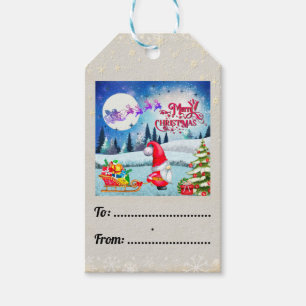 Weihnachtsgnom und Geschenke von Santas Schlitten Geschenkanhänger