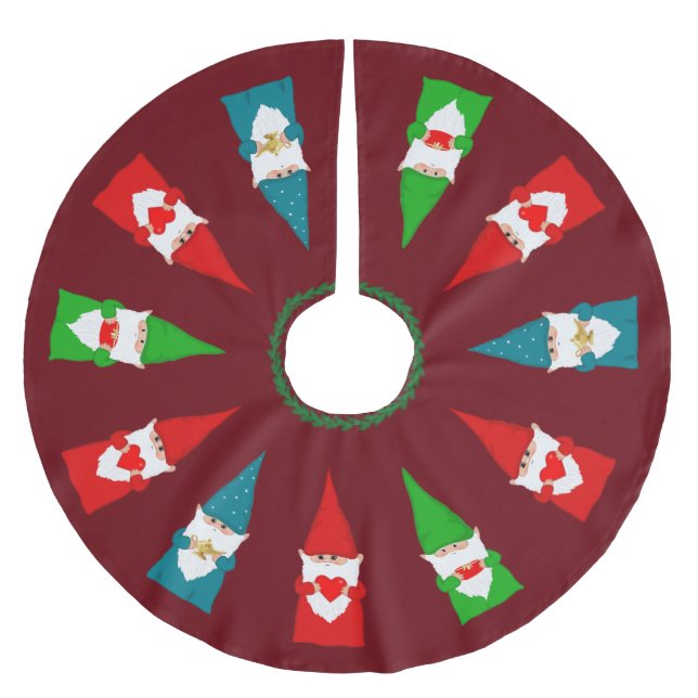 Weihnachtsgnomaden auf Burgund Rot Polyester Weihnachtsbaumdecke (Vorderseite)