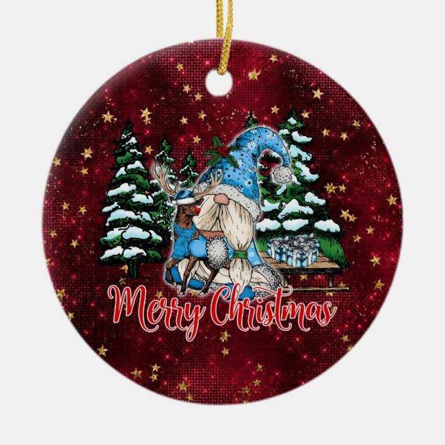 Weihnachtsgnome Burgundy Rote Stars Keramik Ornament (Vorne)