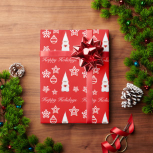 Weihnachtsgnome, Schneeflocken & Stars auf Rot Geschenkpapier