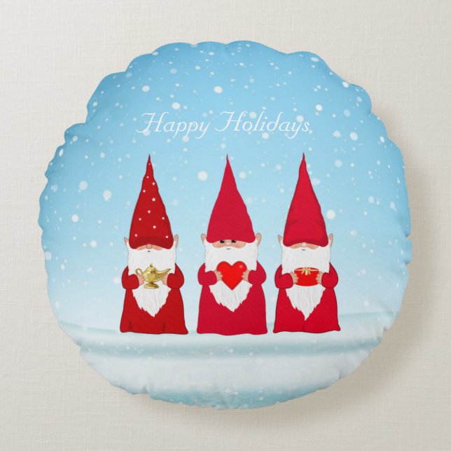 Weihnachtsgnomen auf Light Blue Rundes Kissen (Vorderseite)