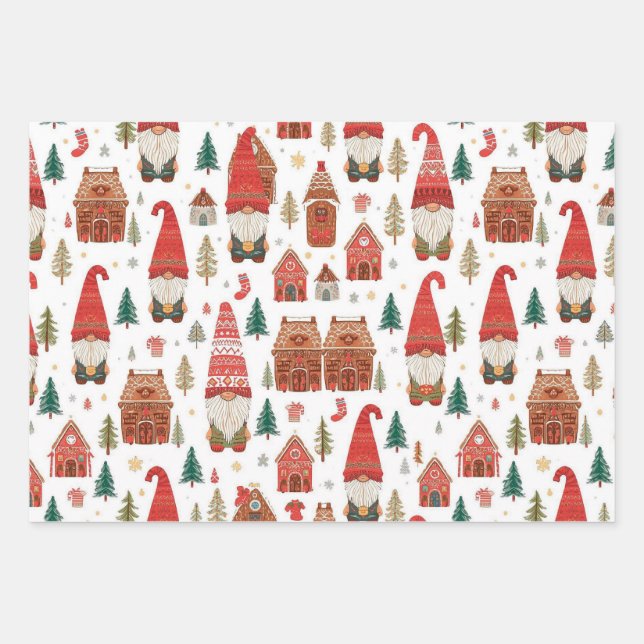 Weihnachtsgnomen & Gingerbread Nordic Village Geschenkpapier Set (Vorderseite)