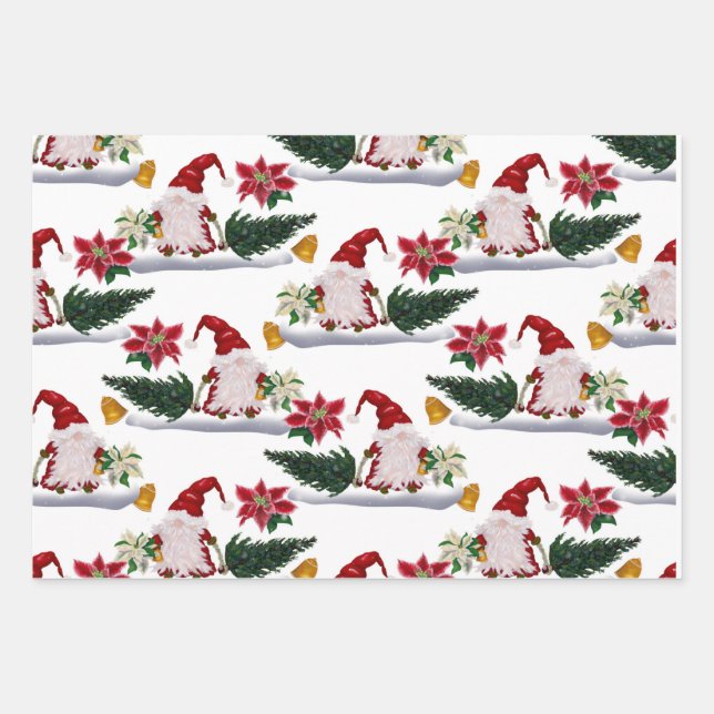 Weihnachtsgnomen, Poinsettia und Glocken Geschenkpapier Set (Vorderseite)