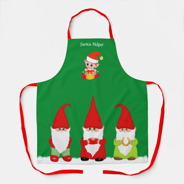 Weihnachtsgnomen und Niedlicher Elf auf Grün Schürze (Vorderseite)