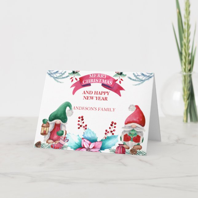 Weihnachtsgnomen und Poinsettia Karte (Vorderseite)