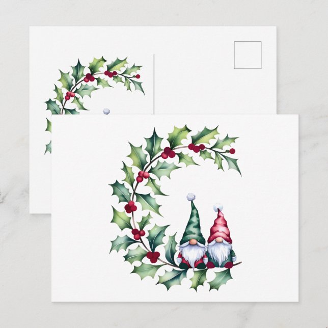 Weihnachtsgnomes auf Holly Berry Twig Postkarte (Vorne/Hinten)