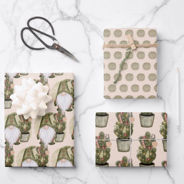 Weihnachtsgnomes Nordic Skandinavier Grüner Tan Geschenkpapier Set (Vorderseite)