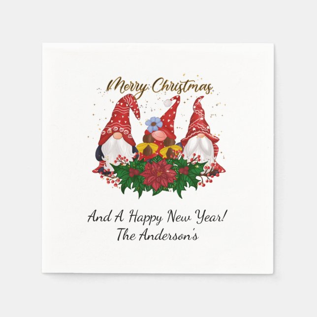 Weihnachtsgnomes Poinsettia Whimsical Woodland Serviette (Vorderseite)