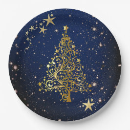 Weihnachtsgold auf blauem Papier Pappteller