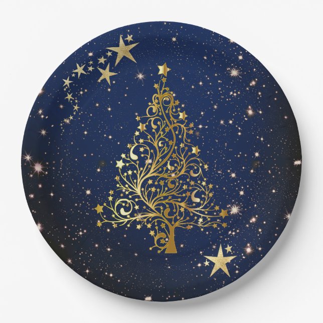 Weihnachtsgold auf blauem Papier Pappteller (Vorderseite)