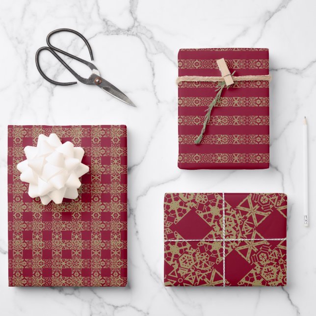 Weihnachtsgold und burgundische antike Spitzentech Geschenkpapier Set (Vorderseite)