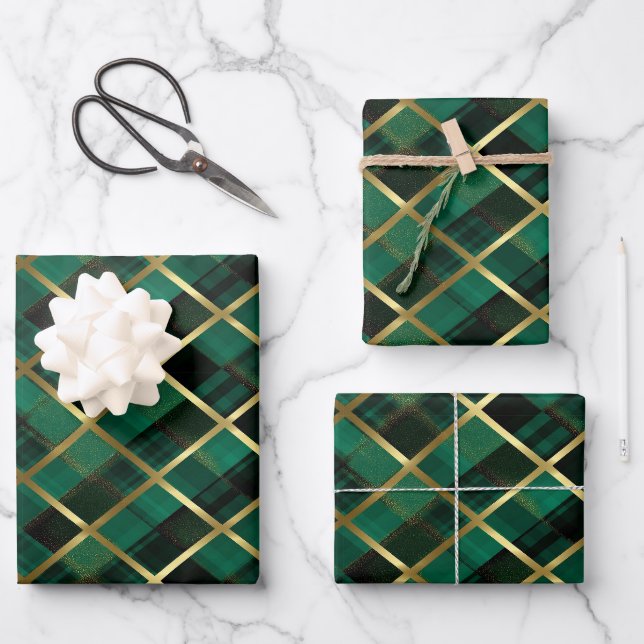 Weihnachtsgold und grünes Kariertes Muster Geschenkpapier Set (Vorderseite)