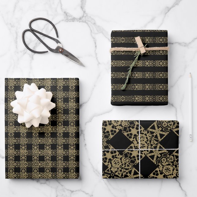 Weihnachtsgold und schwarze antike Spitzen-Muster Geschenkpapier Set (Vorderseite)