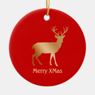 Weihnachtsgoldenes Rentier auf Rot Keramik Ornament