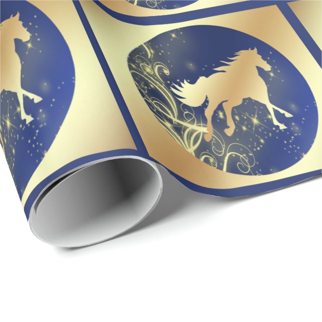 Weihnachtsgoldpferd auf Blau im Gold quadriert Geschenkpapier (Rolleneckpunkt)