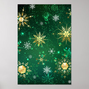 Weihnachtsgoldschneeflocken auf grünem Hintergrund Poster
