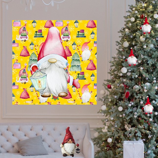 Weihnachtsgottesdienst & Gelbes Muster Hintergrund Poster (Christmas Santa Gnome & Yellow Pattern Background Poster)