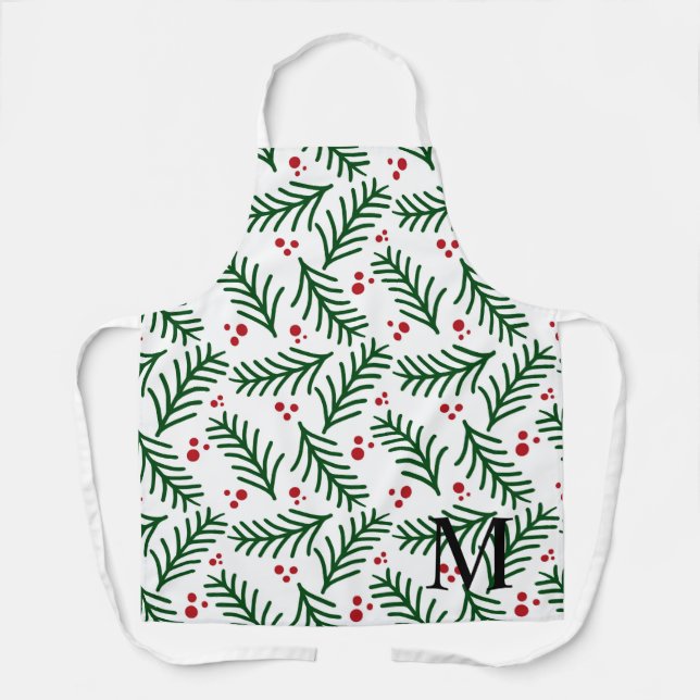Weihnachtsgrün Beeren INITIAL Moderne Feiertage Schürze (Vorderseite)