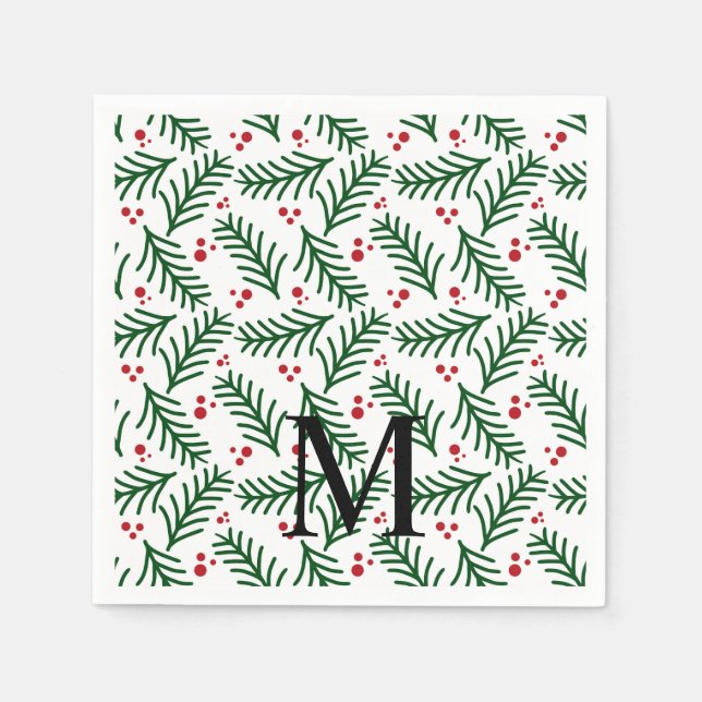 Weihnachtsgrün Beeren INITIAL Moderne Feiertage Serviette (Vorderseite)