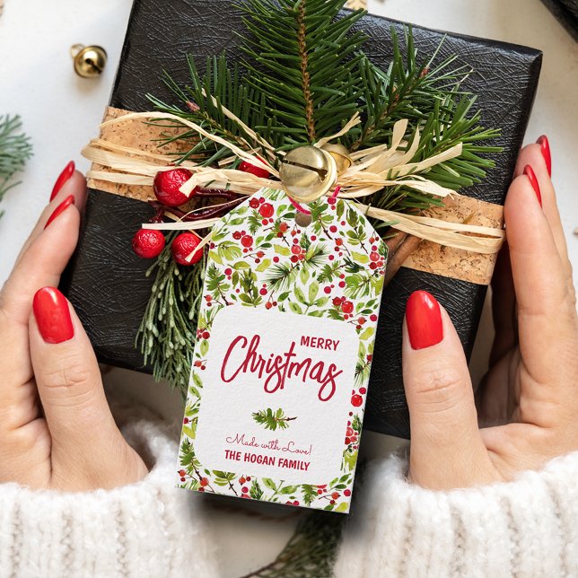 Weihnachtsgrün Berries Holiday Favor Geschenkanhänger (Christmas greenery and red berries holiday favor Made with Love gift tags)