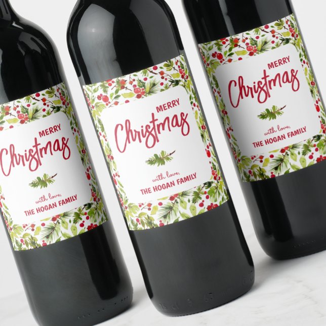 Weihnachtsgrün Berries Urlaub Weinetikett (Watercolor berries and greenery on personalized Christmas wine bottle labels)