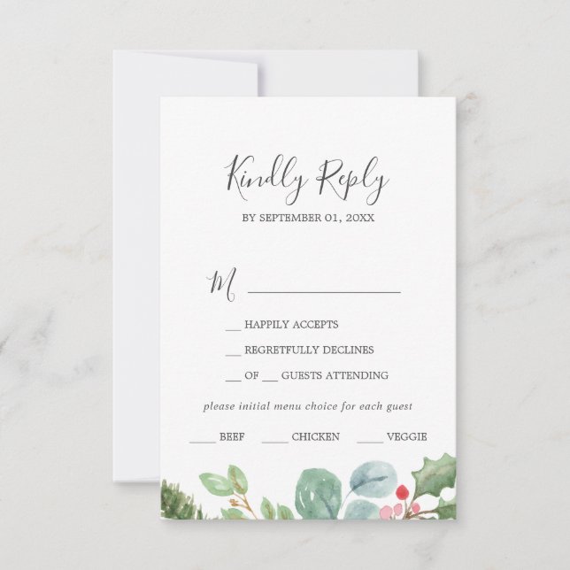 Weihnachtsgrün & Berry Menü Auswahl RSVP Karte (Vorderseite)