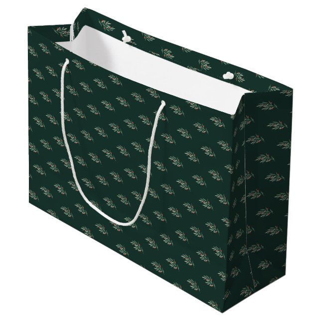 Weihnachtsgrün Blätter & Berries Große Geschenktüte (Vorderseite Schrägansicht)