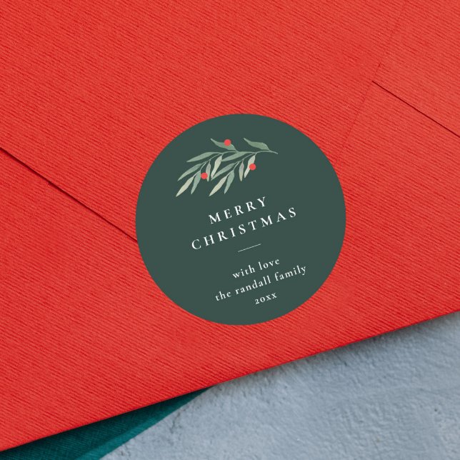 Weihnachtsgrün Blätter Minimal Typografie Grün Runder Aufkleber (Simple merry christmas gift tag or envelope sticker with red and green watercolor branch.)
