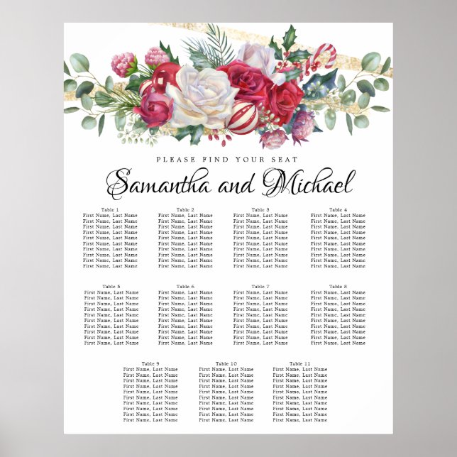 Weihnachtsgrün Elegant 11-Tisch-Seating Chart Poster (Vorne)