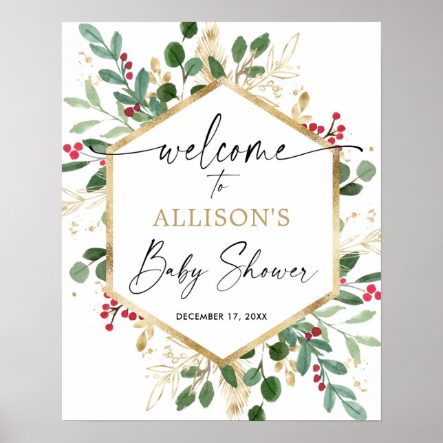 Weihnachtsgrün Elegantes Babydusche Begrüßungszeic Poster (Vorne)