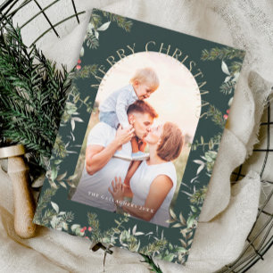 Weihnachtsgrün Foliage Gold Glitzer Foto Feiertagskarte