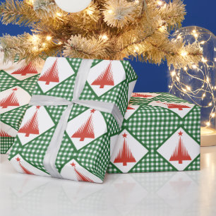 Weihnachtsgrün Gingham mit rotem Baum Geschenkpapier