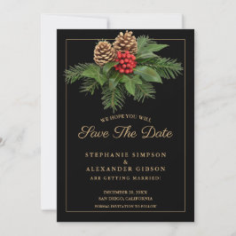 Weihnachtsgrün Gold auf Schwarzer Holiday Hochzeit Save The Date
