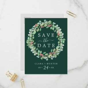 Weihnachtsgrün   Grüner Kranz Save the Date Einladungspostkarte