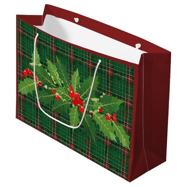 Weihnachtsgrün Kariert mit Kranz Große Geschenktüte (Vorderseite Schrägansicht)