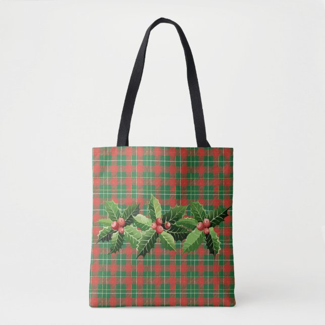 Weihnachtsgrün Kariert mit Kränz Tasche (Vorderseite)