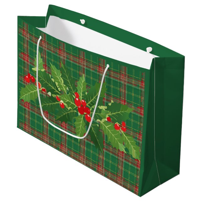 Weihnachtsgrün Kariert mit Kraut Große Geschenktüte (Vorderseite Schrägansicht)