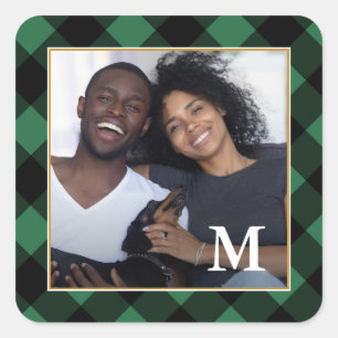 Weihnachtsgrün Kariert mit Monogramm Foto Quadratischer Aufkleber