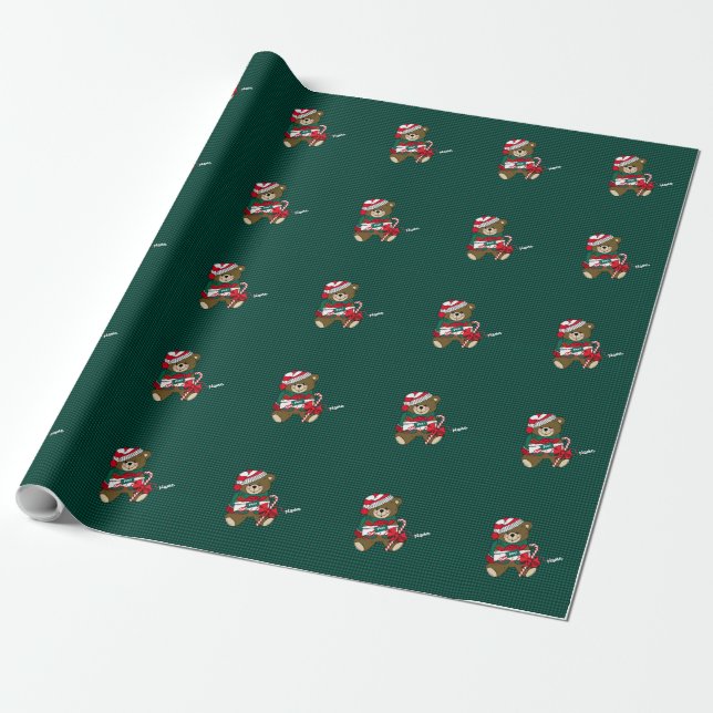 Weihnachtsgrün Kariert Teddy Bär Personalisiert Geschenkpapier (Ungerollt)