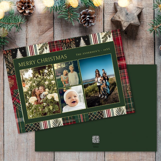 Weihnachtsgrün Karierte Familie Vier FotoCollage Feiertagskarte (Von Creator hochgeladen)
