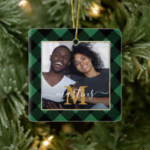 Weihnachtsgrün Karo Monogramm mit Namen Foto Keramikornament